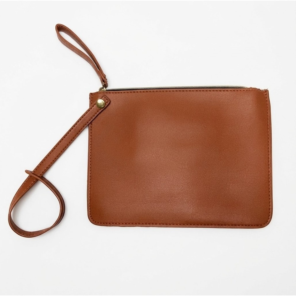 Faux Leather Wristlet Clutch Womens Small Brown Minimalist Pouch Good